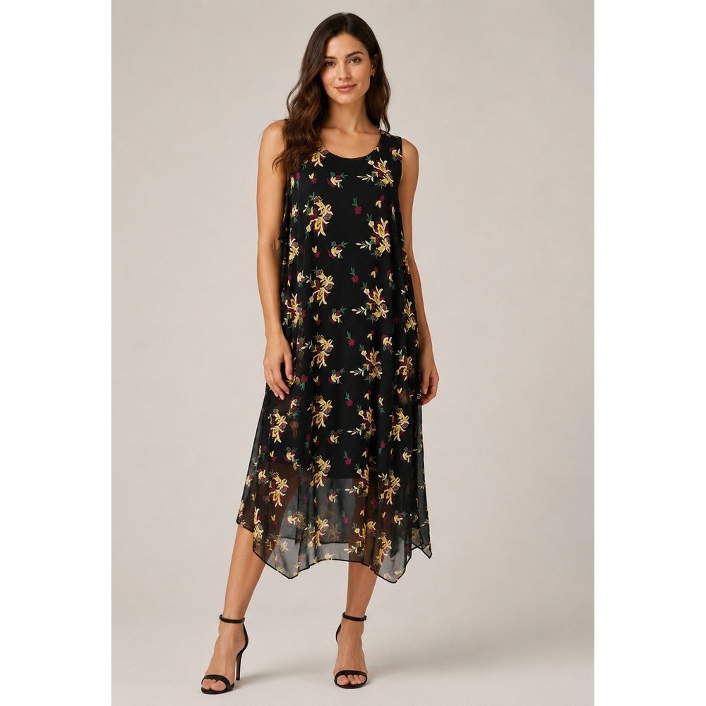 Vince Camuto Maxi Dress Womens L Black Embroidered Sheer Lined Whimsigoth Fairy